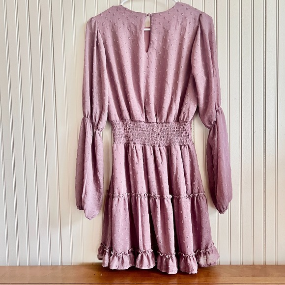 Koko + Mason Mauve Swiss Dot Smocked Waist Tiered Mini Dress Small NEW - Picture 2 of 12